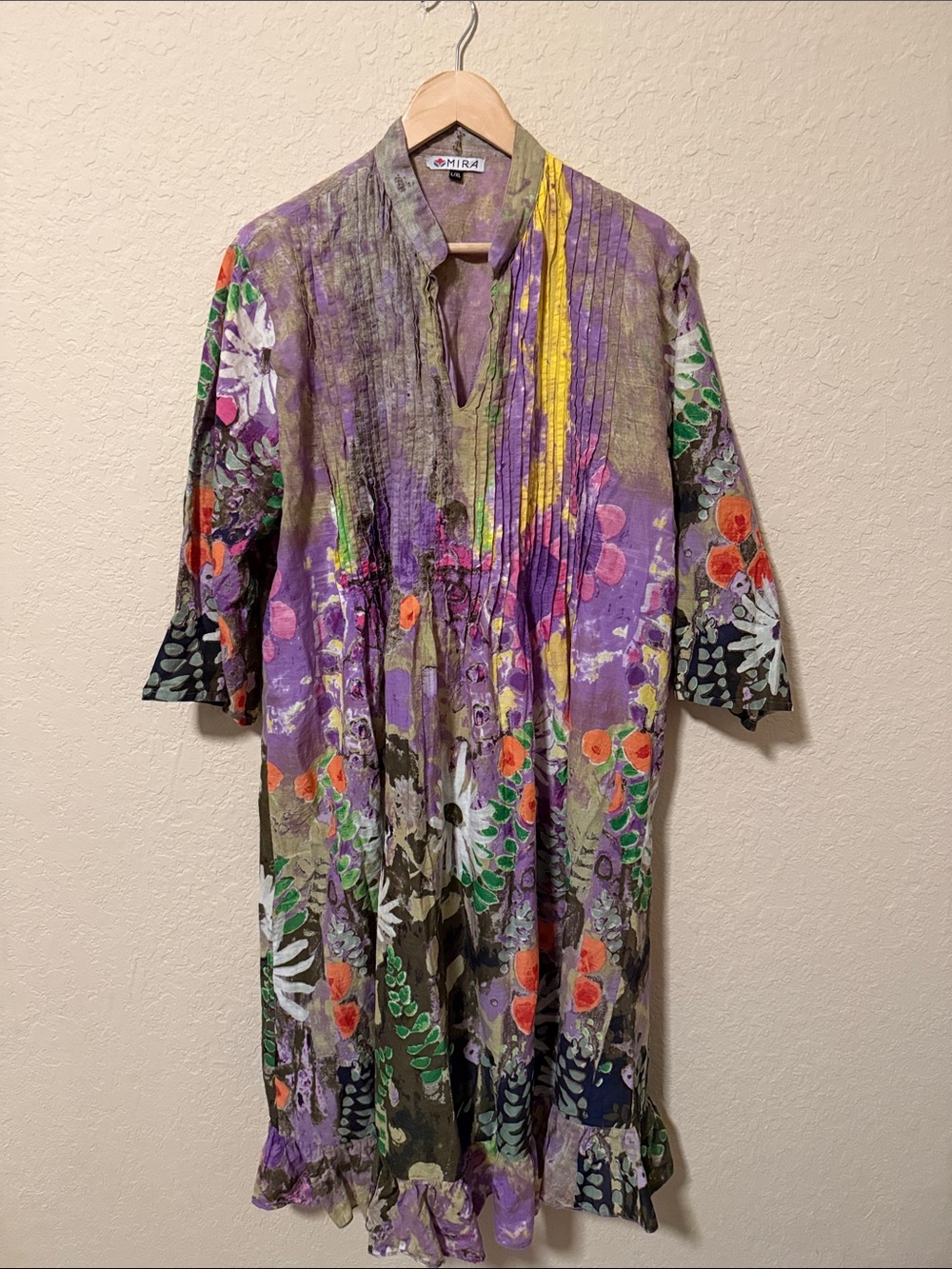 Mira Vibrant Floral Pintuck Tunic Dress in Purple & Olive